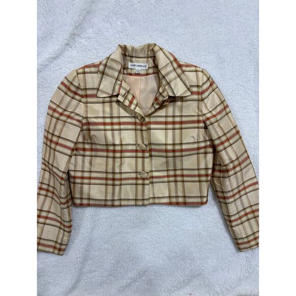 VTG 90s Gruppo Americano Studio Plaid Crop Blazer Beige Shimmer Made in USA Sz 8 - Picture 2 of 8